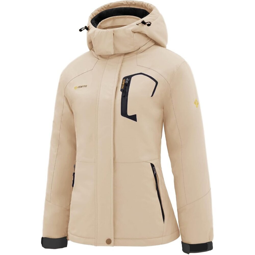 Women's Light Beige Ski Snow Hooded Jacket Coat Snowboard Waterproof Winter Warm